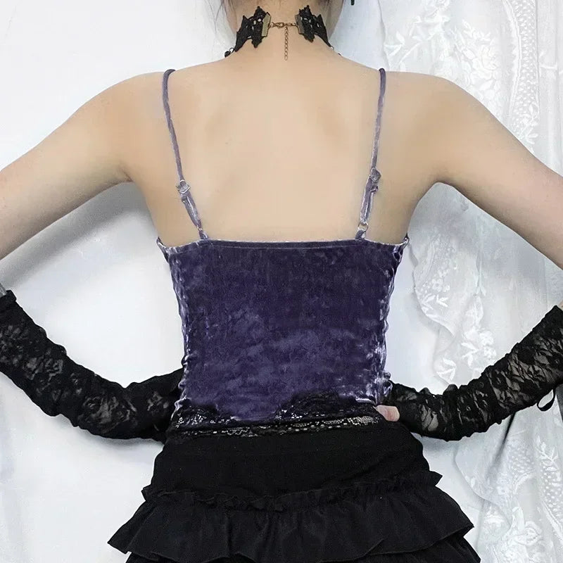 Lace Gothic Aesthetic Velvet Grunge Punk Bodycon V-Neck Elegant Classic Crop Top
