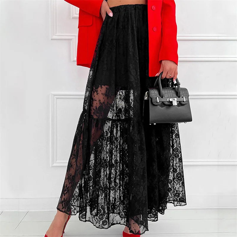 See Through Floral Lace Elastic High Waist A-Line Long Skirt Vacation Party skirt-250126