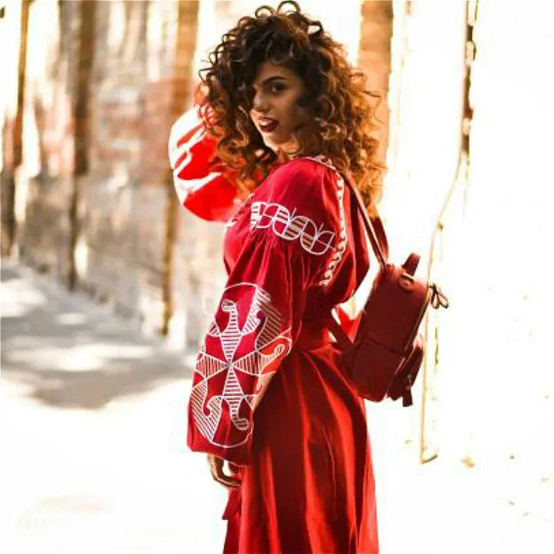 Lantern Sleeve Ethnic Tunic Boho Dress bohodress-250126