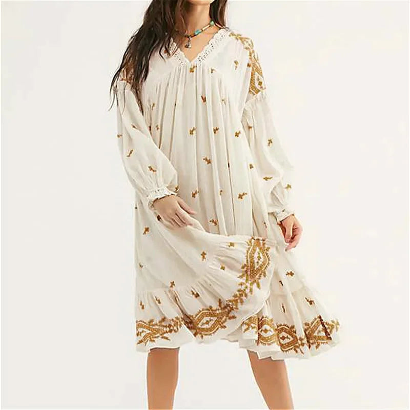 Lantern Long Sleeve Cotton Rayon Embroidery Dress bohodress-250126