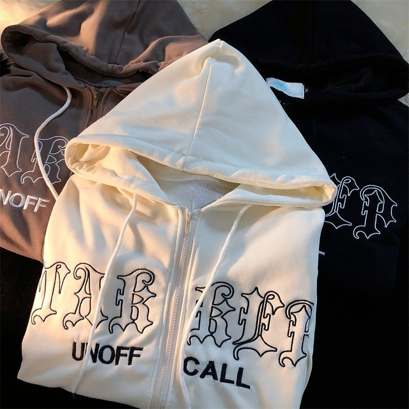 Letter Embroidery Vintage Loose Zipper Hoodies Sweatshirts & Hoodies-L