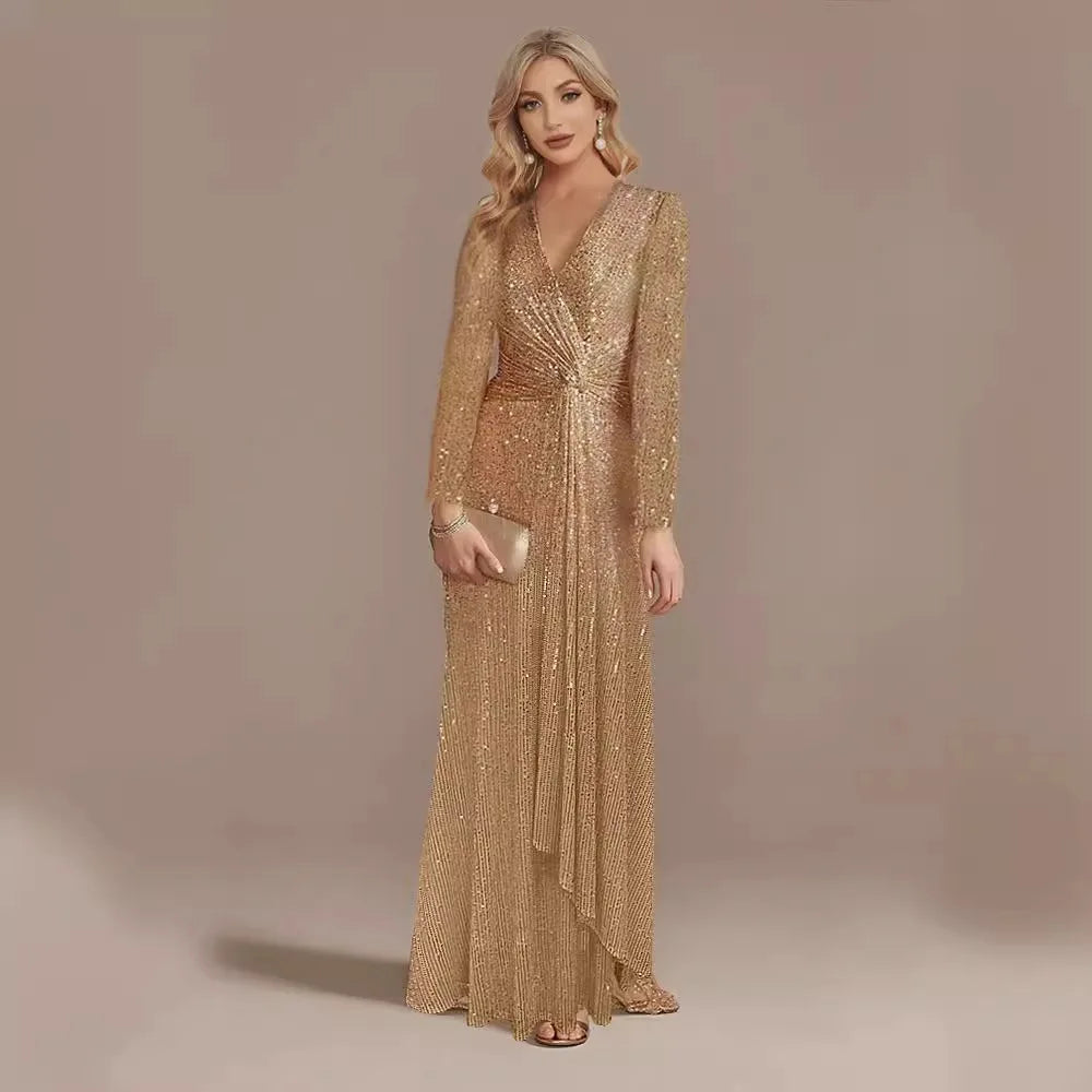Long Sleeve V-Neck Party Dress Champagne / S Partydress-241208