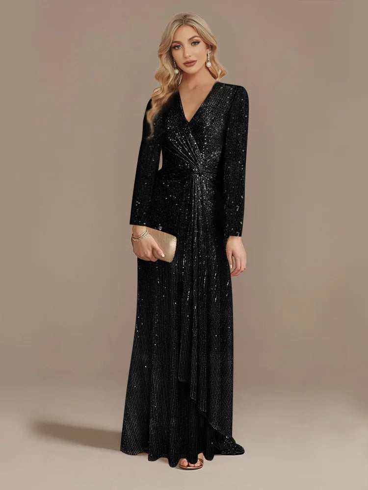 Long Sleeve V-Neck Party Dress Black / S Partydress-241208