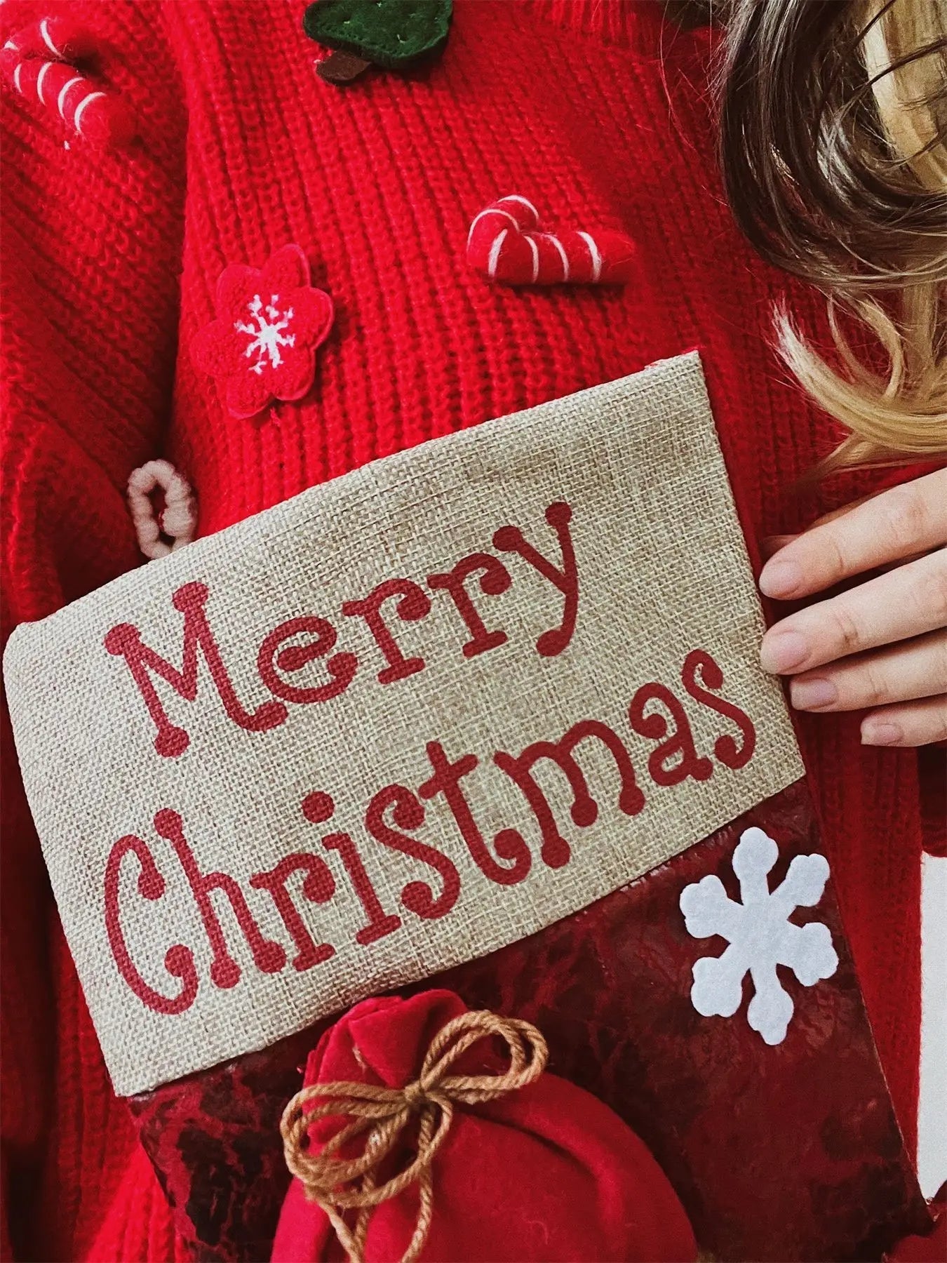 Red Christmas Snowman Doll Pocket Sweater Sweaters-L