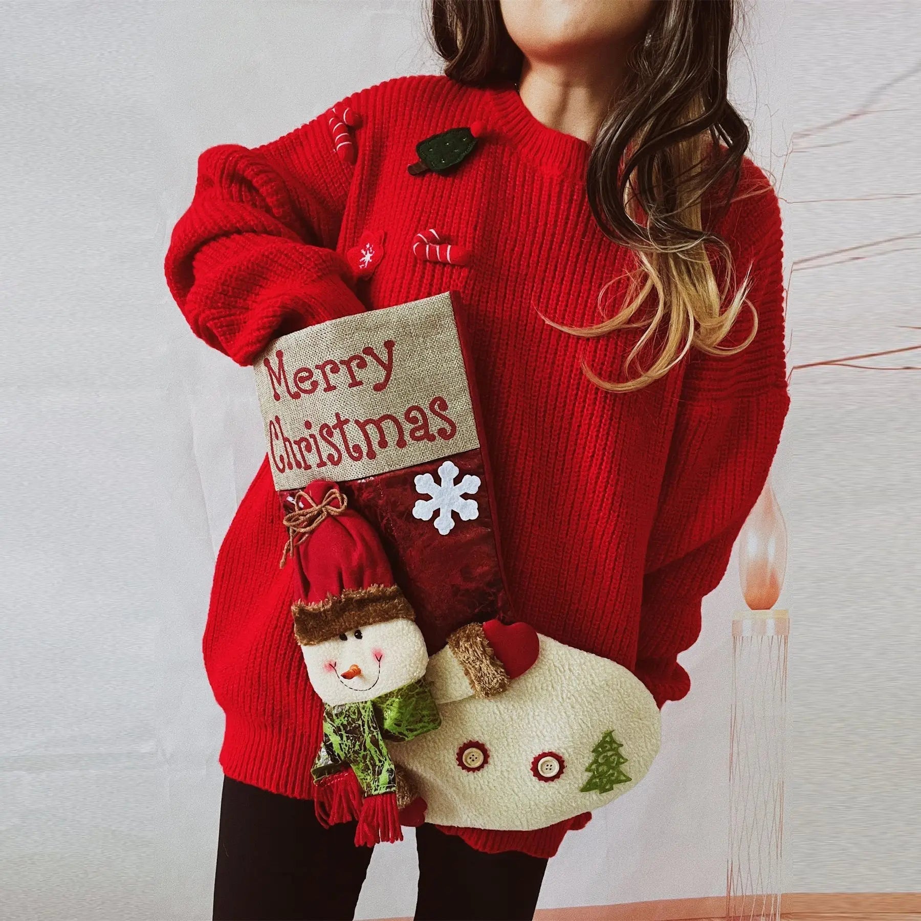 Red Christmas Snowman Doll Pocket Sweater / S Sweaters-L