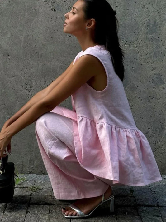 Ensemble de bureau deux pièces ample en coton et lin rose