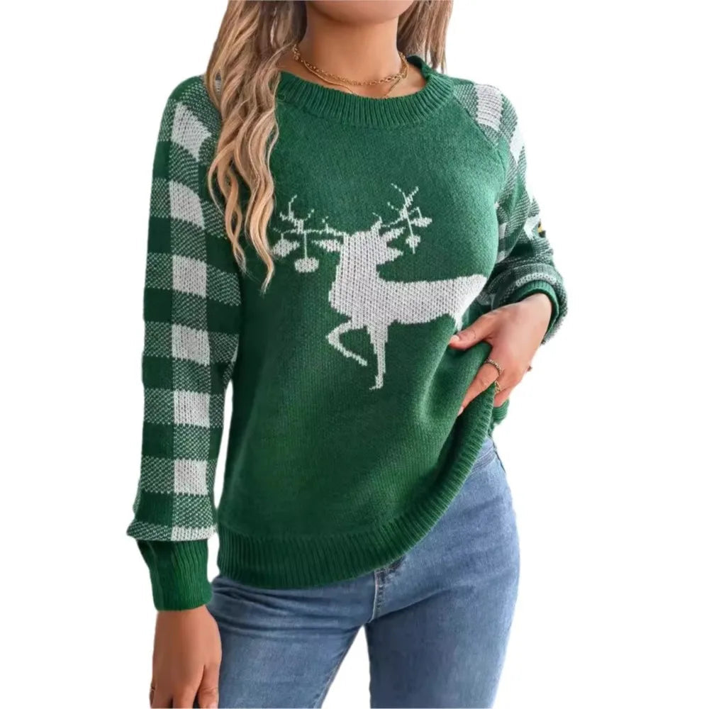 Knitted Plaid Christmas Sweater With Round Neck And Long Sleeves For Autumn/Winter Sweaters-L