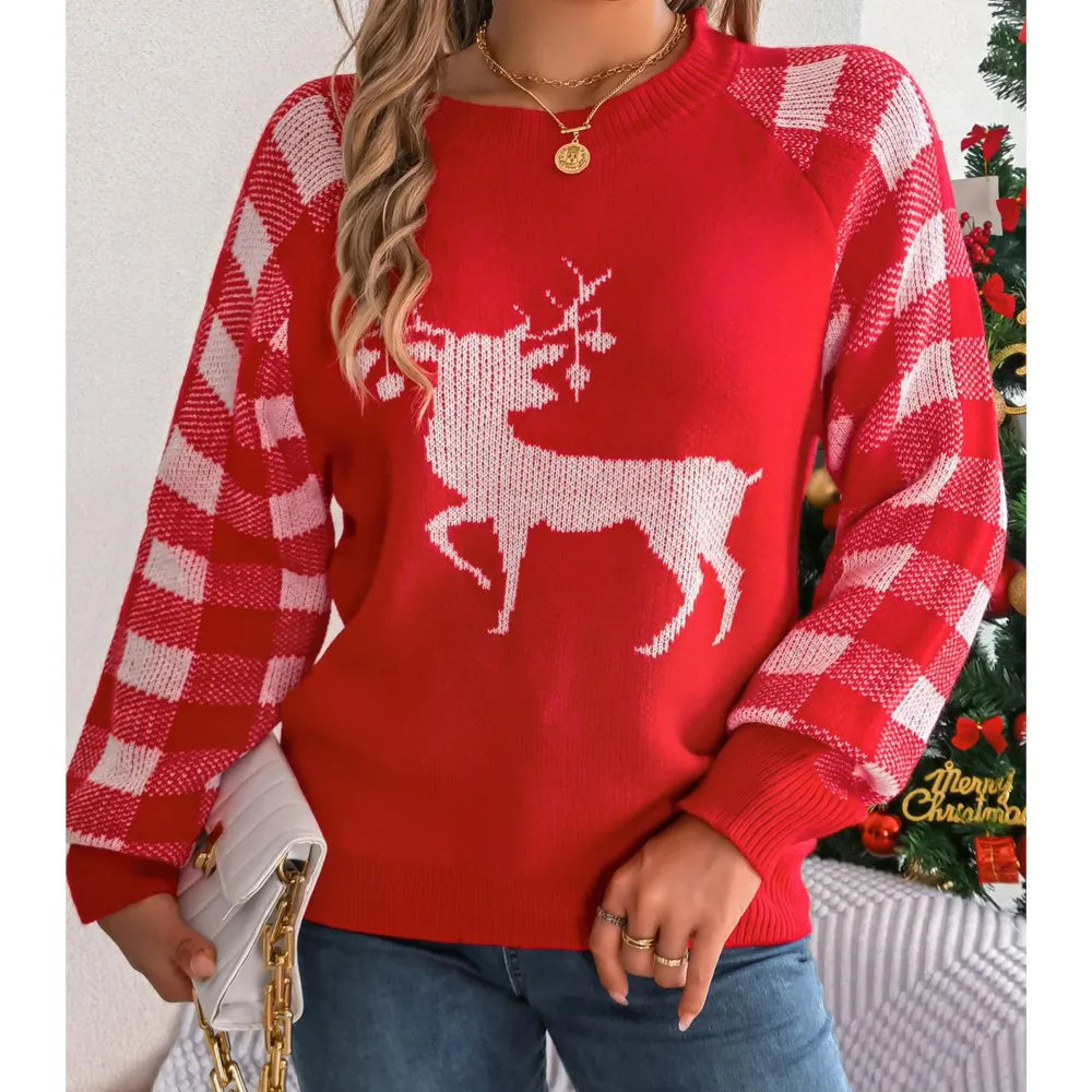 Knitted Plaid Christmas Sweater With Round Neck And Long Sleeves For Autumn/Winter Sweaters-L