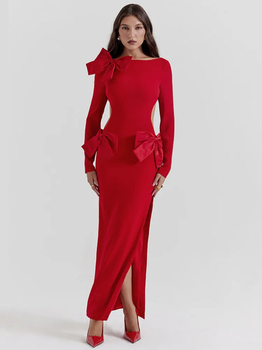 Elegant Bow Backless Sexy Chic Maxi Christmas Party Dress Red / S Dresses-L