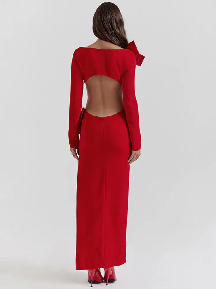 Elegant Bow Backless Sexy Chic Maxi Christmas Party Dress Dresses-L