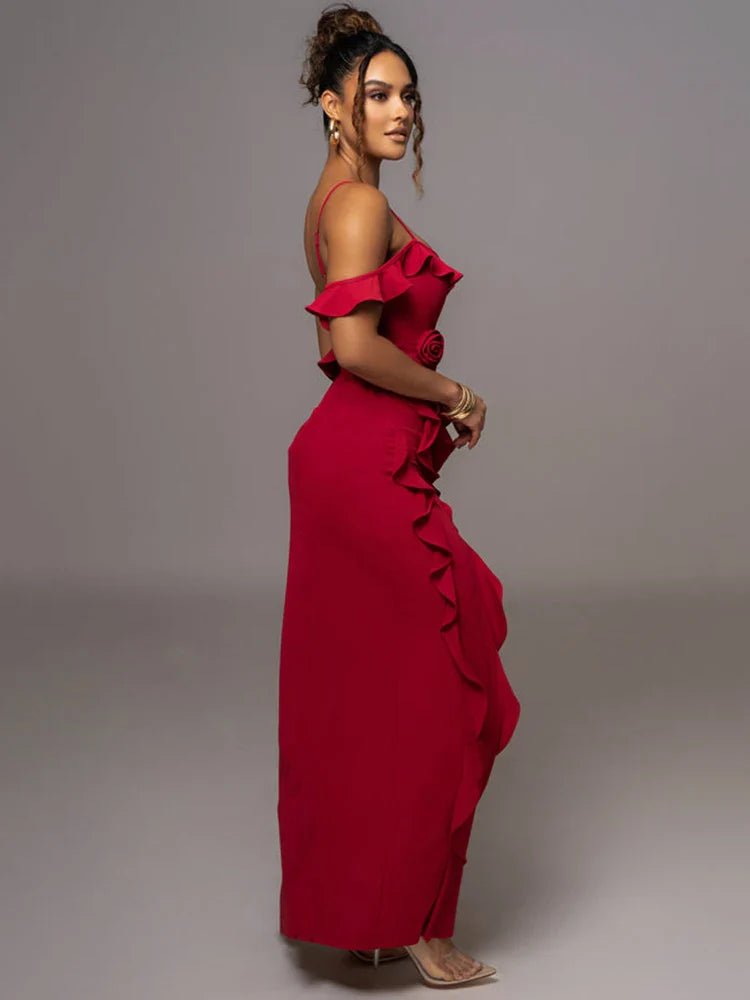 Mozision Elegant Ruffle Sexy Maxi Dress Women Spaghetti Strap Flower Christmas Party Dresses-L