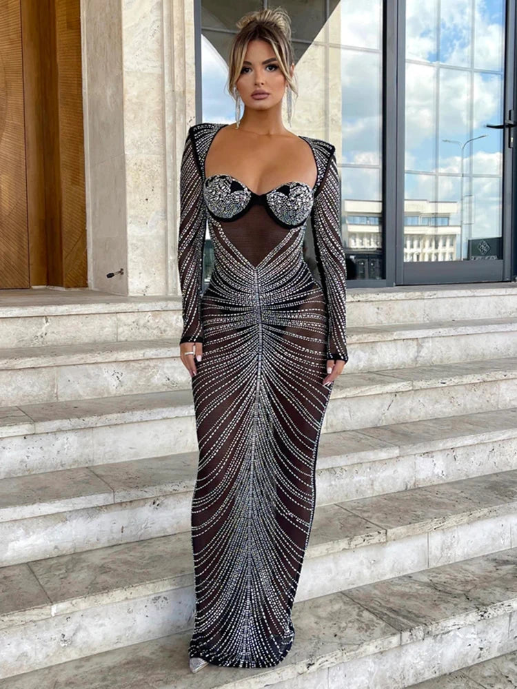 Mozision Glitter Mesh See Through Party Maxi Dress For Women Christmas Dresses-L