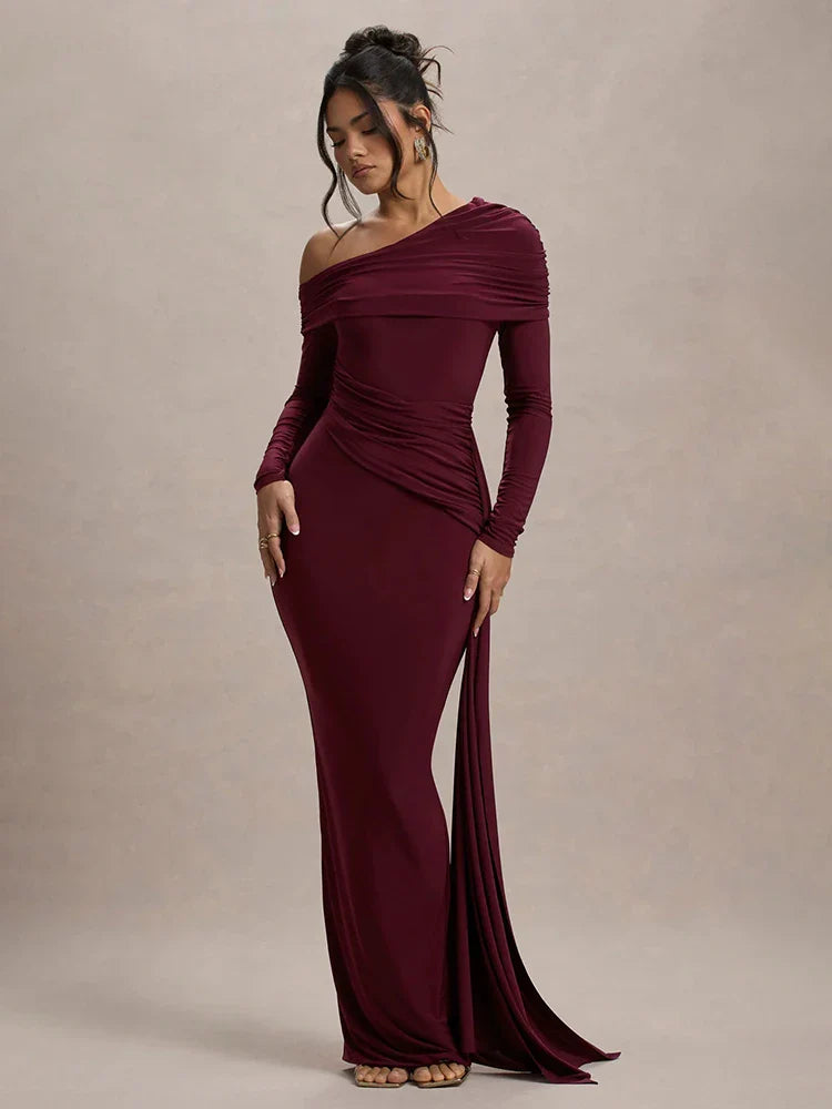 Skew Collar Long Sleeve Maxi Party Dress Burgundy / S Partydress-241208