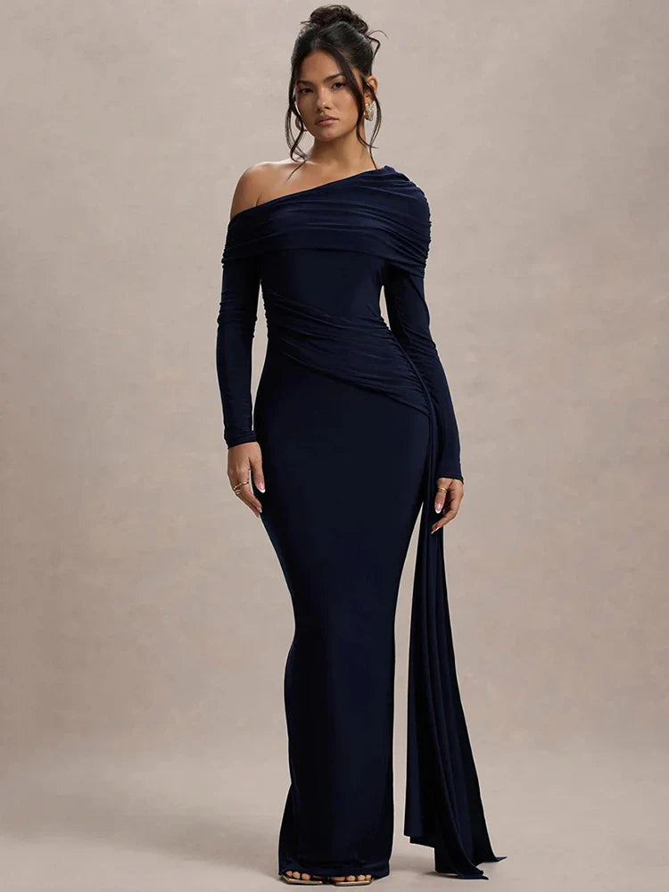Skew Collar Long Sleeve Maxi Party Dress Partydress-241208