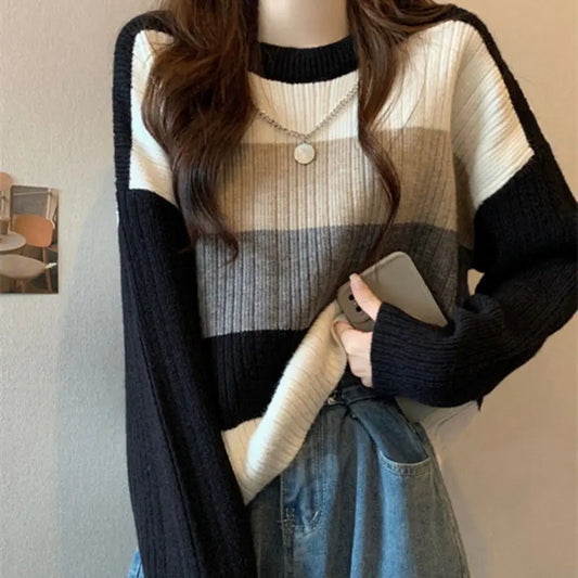 Multi-Color Splicing Lazy Style Slimming Sweater Black / S