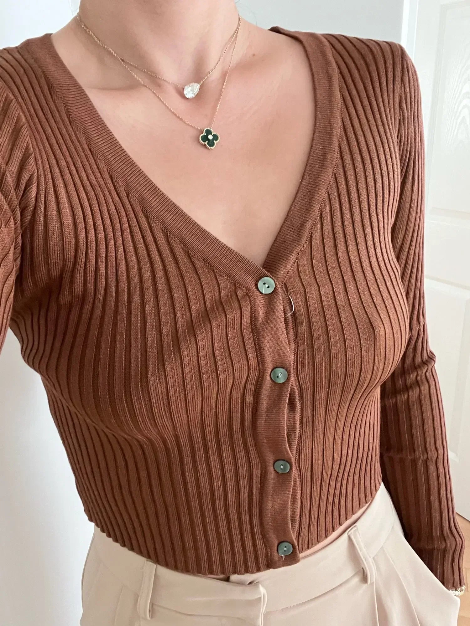 Patchwork Slim Ladies Button-Up Knitted Cardigan coffee1 / S cardiagn-250126