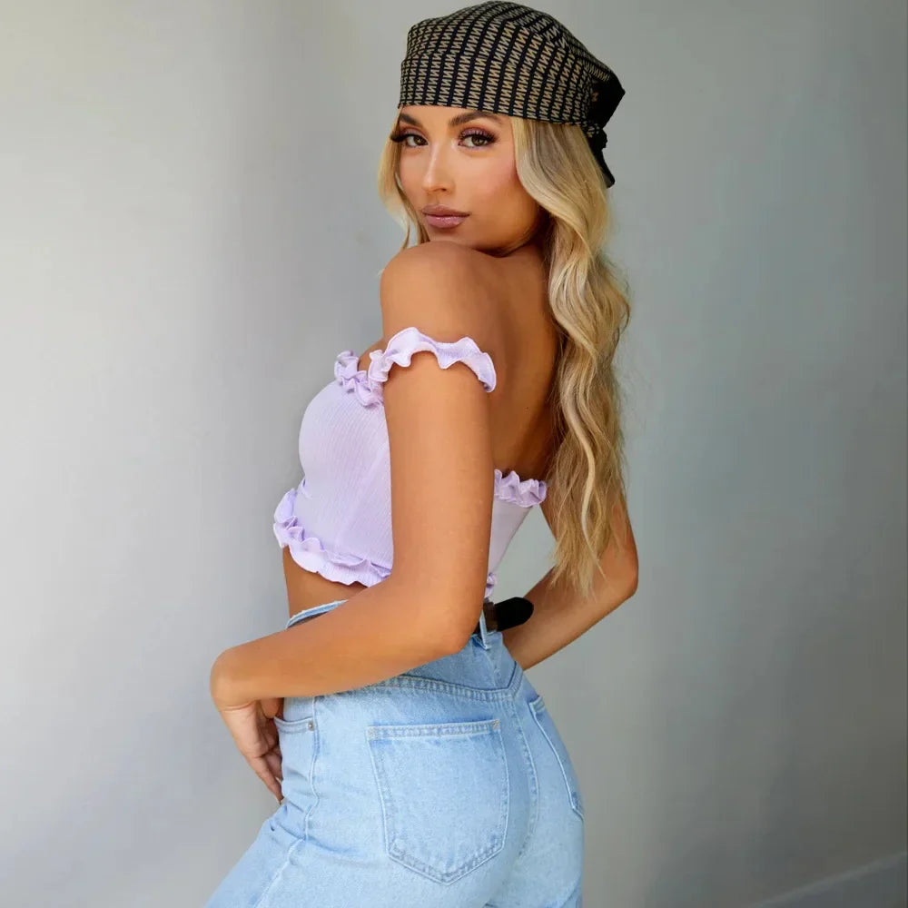 New 2024 Cute Purple Off Shouler Crop Ruffles T Shirttube For Women Summer Clothes Tank Top