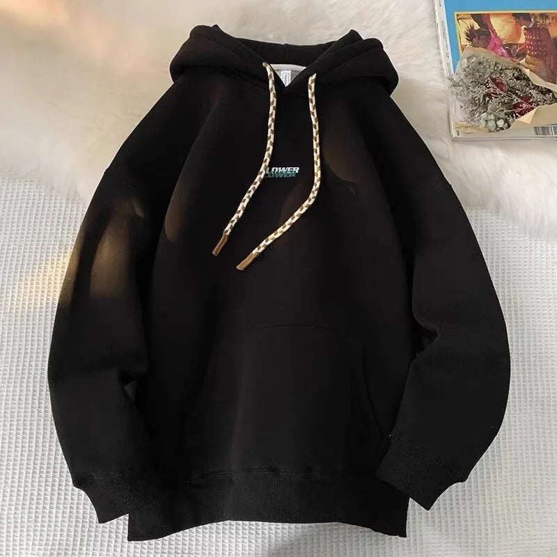 FLOWER Letter Print Y2K Fleece Hoodie