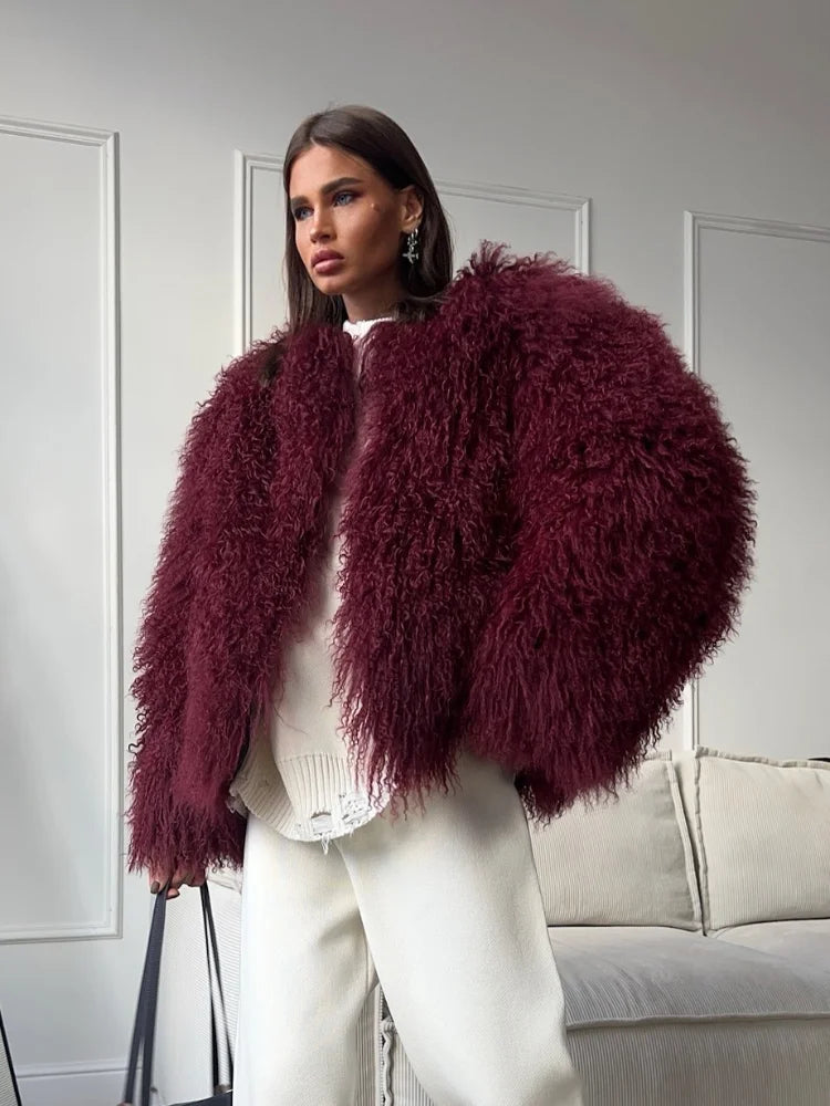Burgundy Oversized Faux Fur Coat Coats-241208