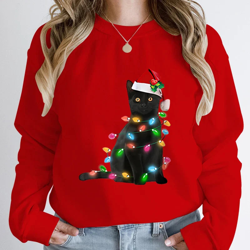 Hoodless Pullover Cute Black Cat Christmas Light Print Hoodie Red / S Hoodies-L