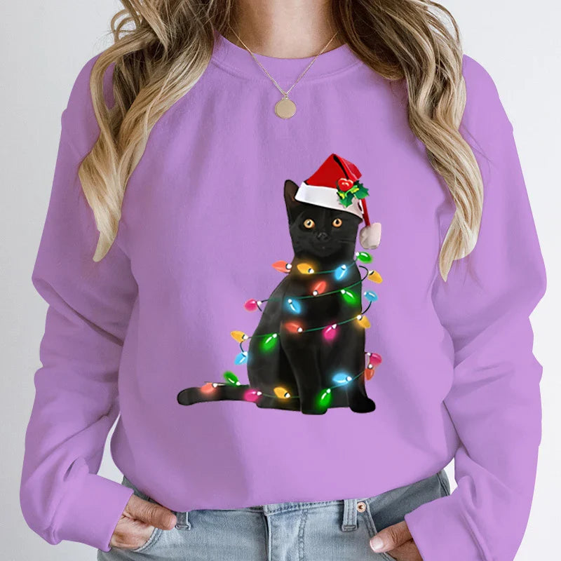 Hoodless Pullover Cute Black Cat Christmas Light Print Hoodie Purple / S Hoodies-L