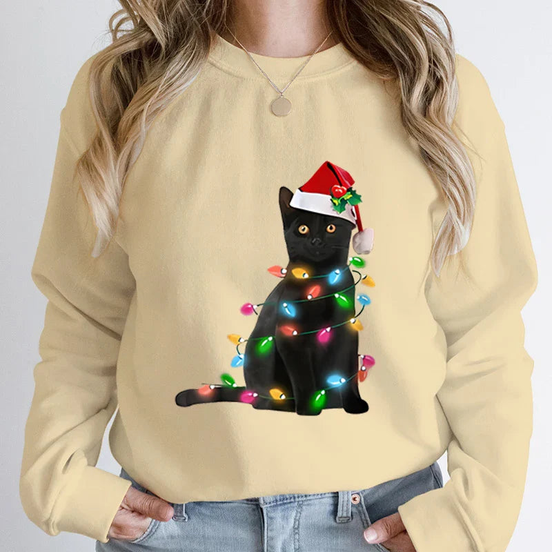Hoodless Pullover Cute Black Cat Christmas Light Print Hoodie Khaki / S Hoodies-L