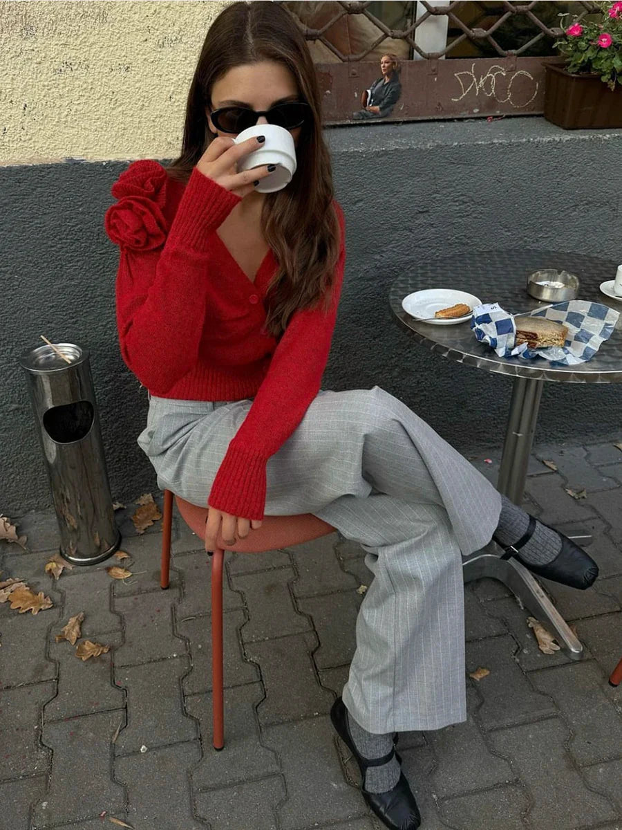 Red Flower V-Neck Knitted Cardigan Cardigan-241208