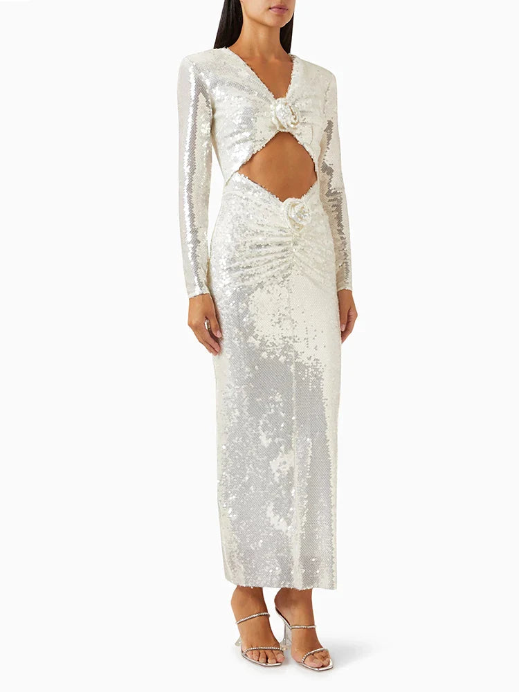 New Sexy Long Sleeves Luxury Sequins Slim Dress Hollow Flower Christmas Party Dresses-L