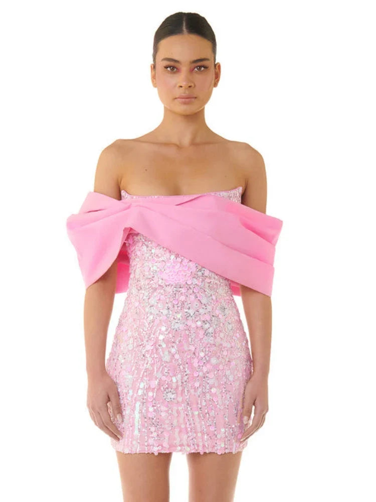 New Sexy Off Shoulder Sequins Pink Slash Neck Sparkly Elegant Christmas Party Dress Dresses-L