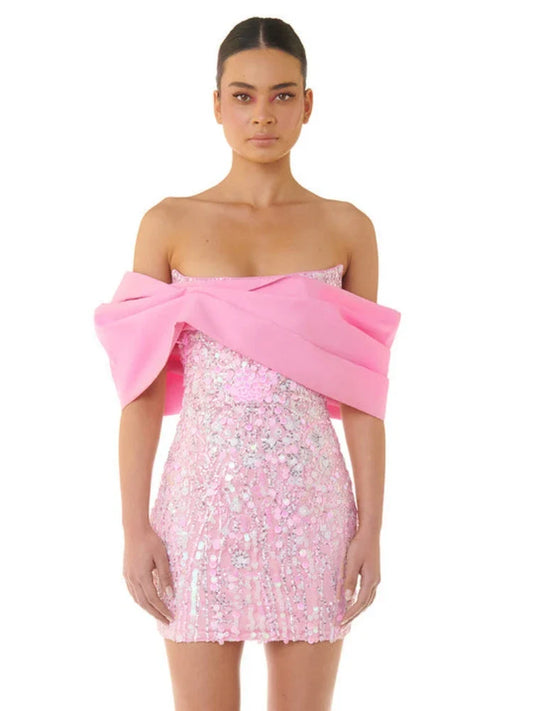 New Sexy Off Shoulder Sequins Pink Slash Neck Sparkly Elegant Christmas Party Dress Dresses-L