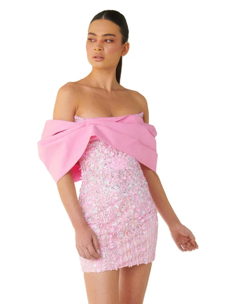 New Sexy Off Shoulder Sequins Pink Slash Neck Sparkly Elegant Christmas Party Dress Dresses-L