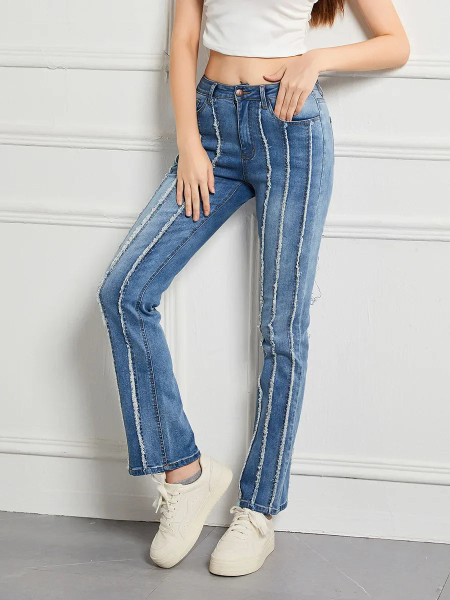 Stretch Flare Fashion Slim Splice Bottom Streetwear Denim Jean Blue / S