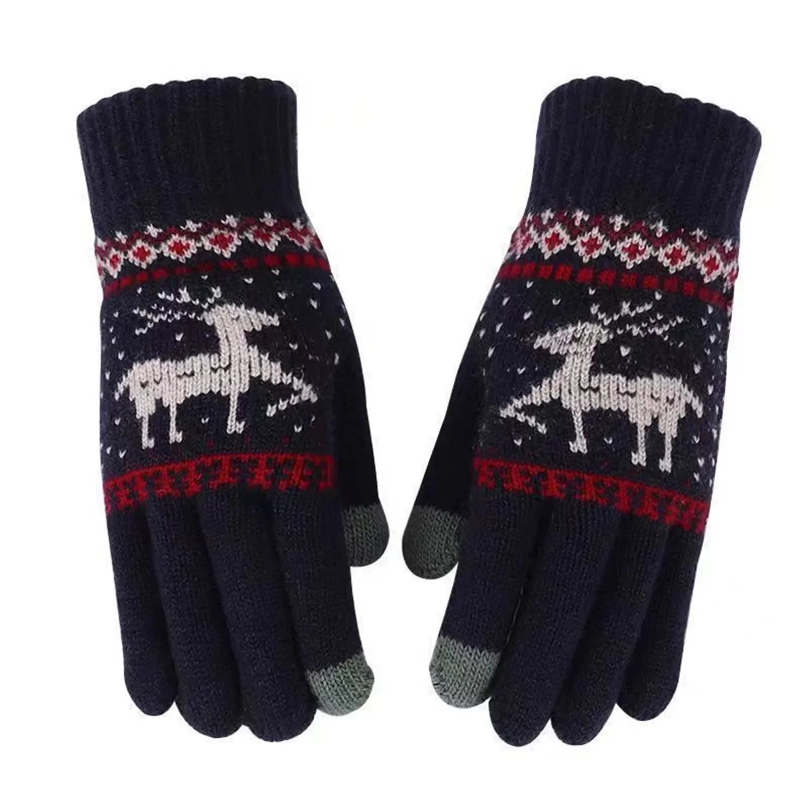 Plush Winter Warm Cycling Anti-Cold Christmas Deer Knitted Touchscreen Gloves Navy Blue / One Size