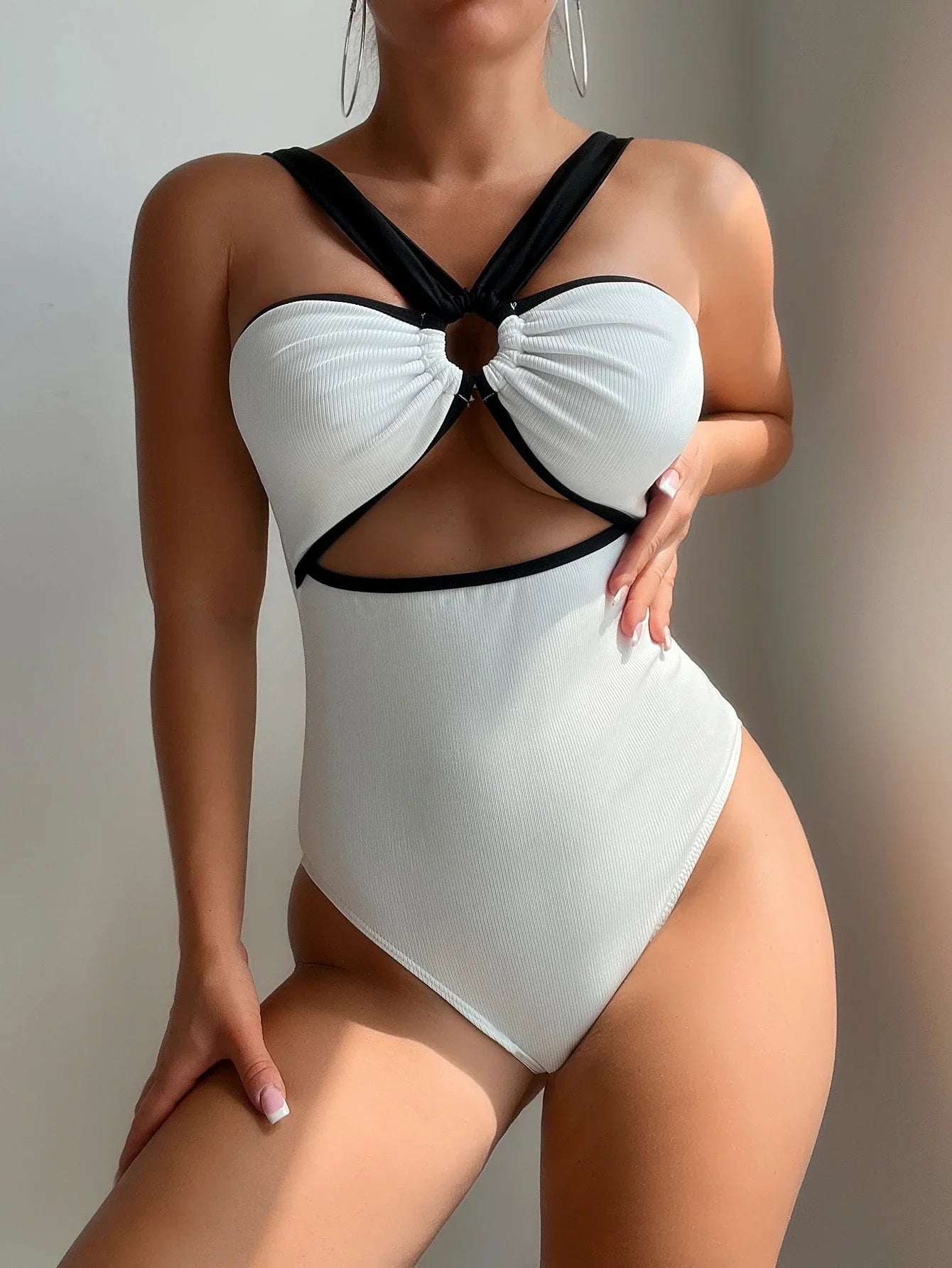 White Black Patchwork Metal Ring One Piece WHITE / S onepiece-250223