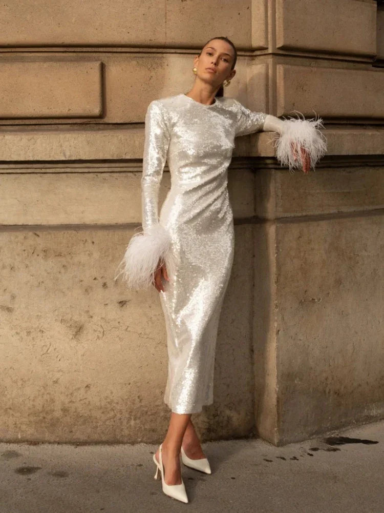 New Women O Neck Long Sleeve Luxury Sequin Feather Christmas Party Dress White / S Dresses-L