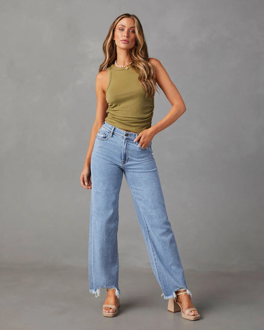New Women’s Women Simple Casual High Waist Wide-Leg Trousers Irregular Tassels Streetwear