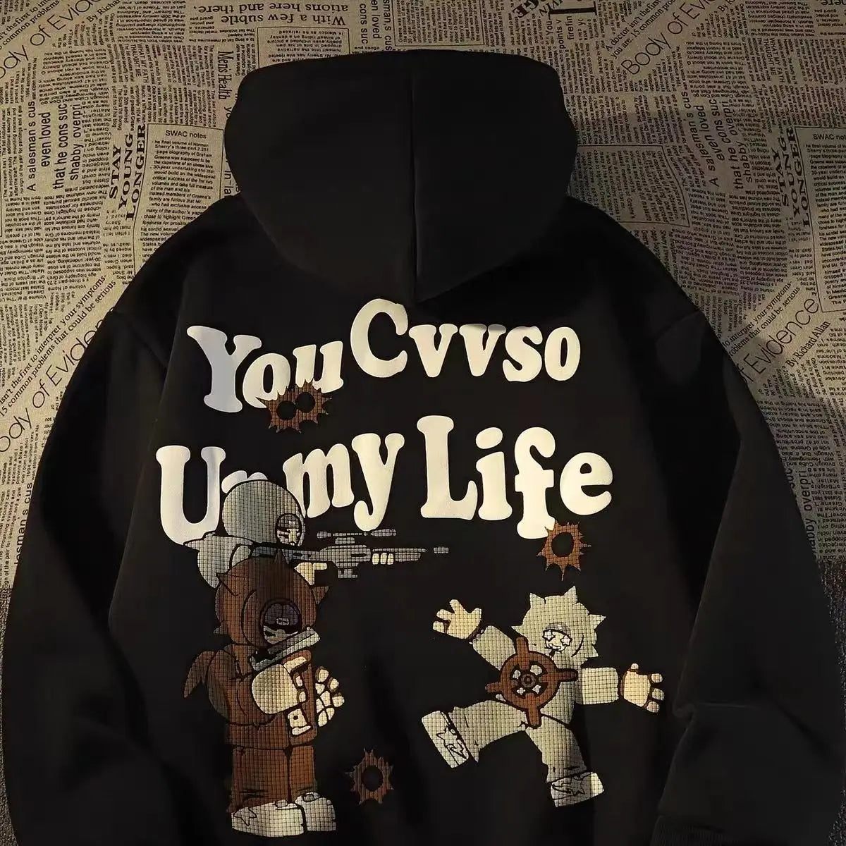 Retro Large Size Gothic Print Hoodie Black / S
