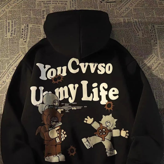 Retro Large Size Gothic Print Hoodie Black / S