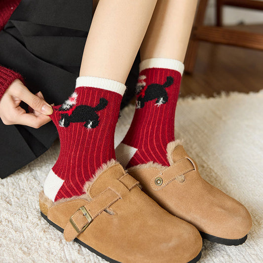 Thick Wool Red Cute Mid Calf Socks