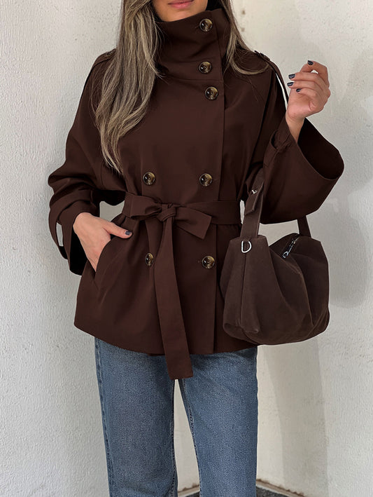 Turtleneck Double Breasted Waist Tie Coat