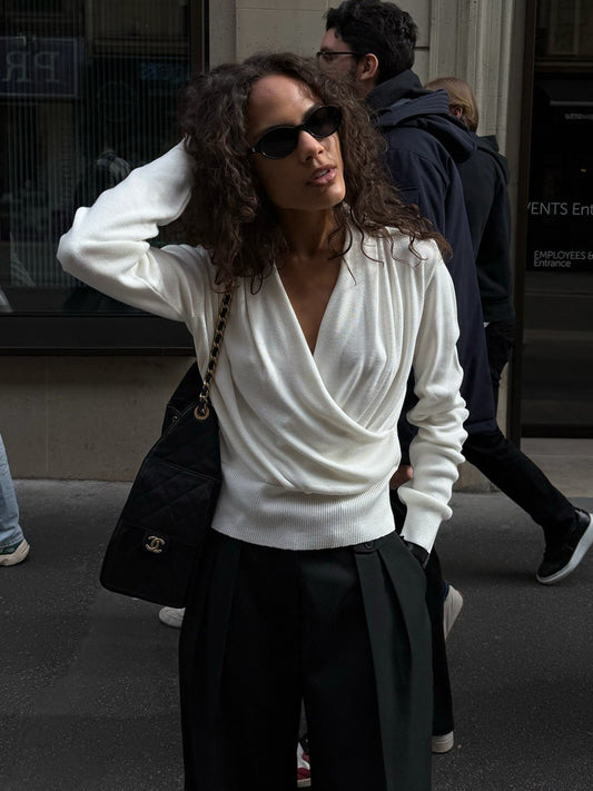 Draped Cowl Neck Crossover Fitted Sweater
