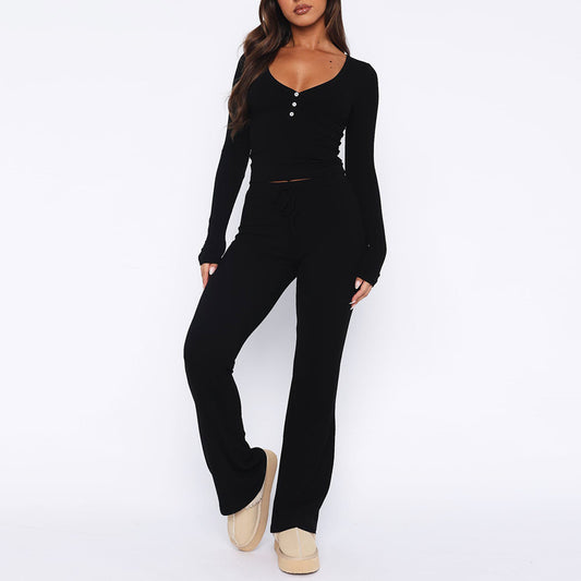 Button Front Long Sleeve Crop Top and Drawstring Pants Set