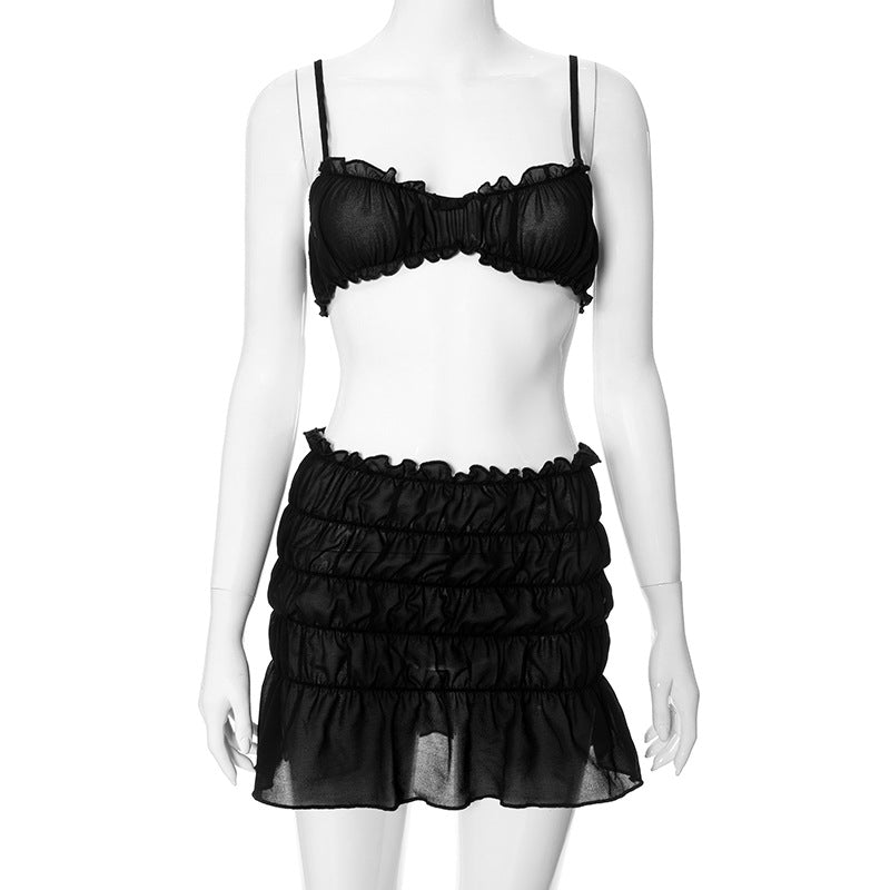 Ruched Bralette And Low Graceful Waist Mini Skirt Set