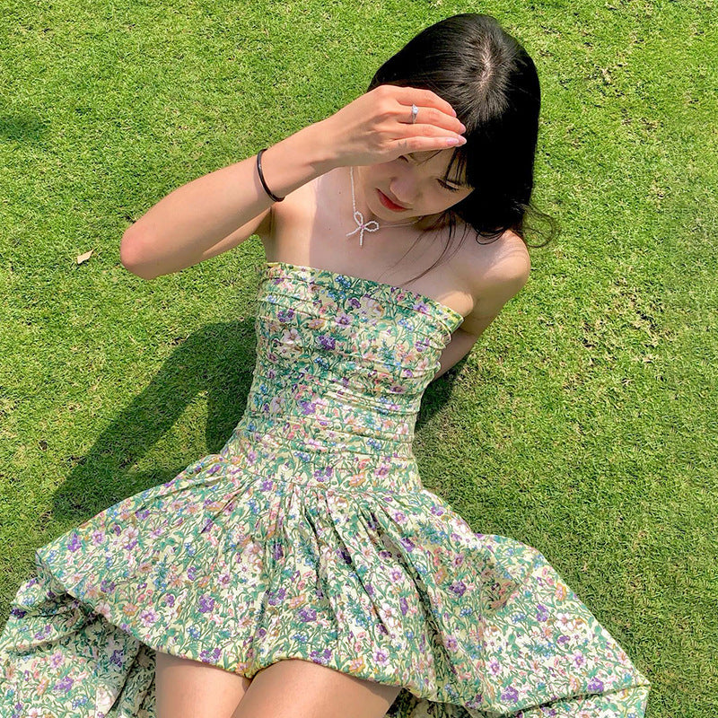 Strapless High Low Dress With Floral Print High Low Floral Beach Dress
