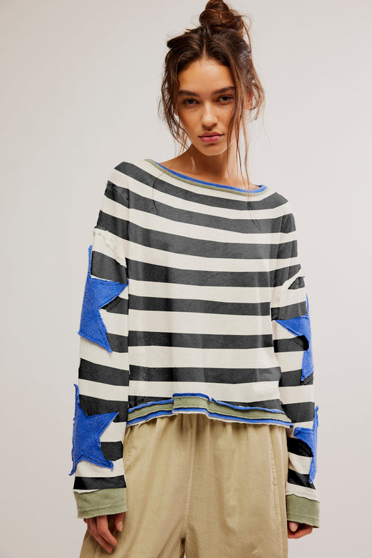Star Sleeve Applique Stripe Sweatshirt