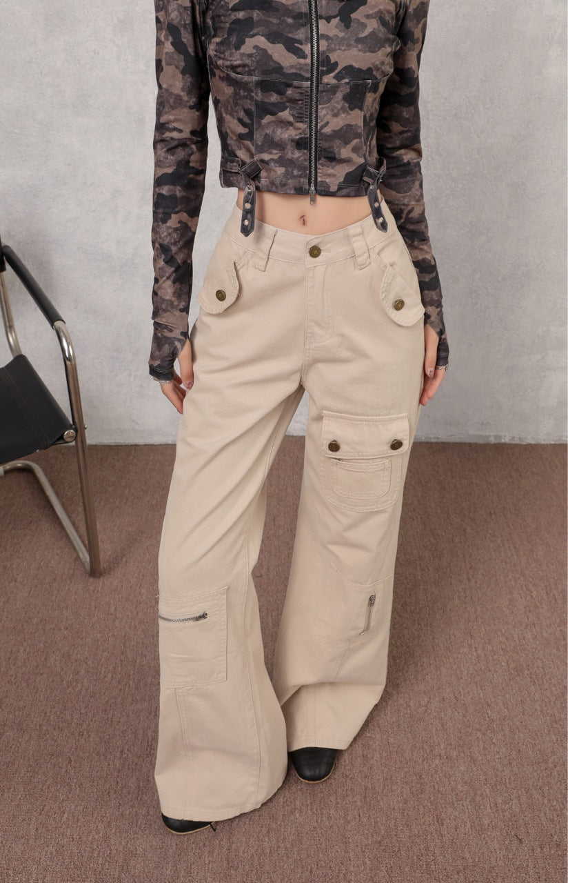Denim Multi-Pocket High Waist Flared Cargo Pants Apricot / XS