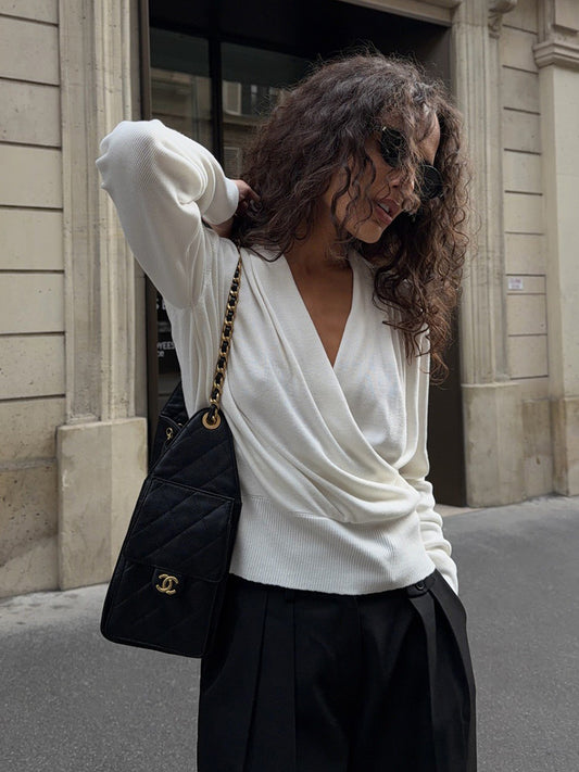 Draped Cowl Neck Crossover Fitted Sweater