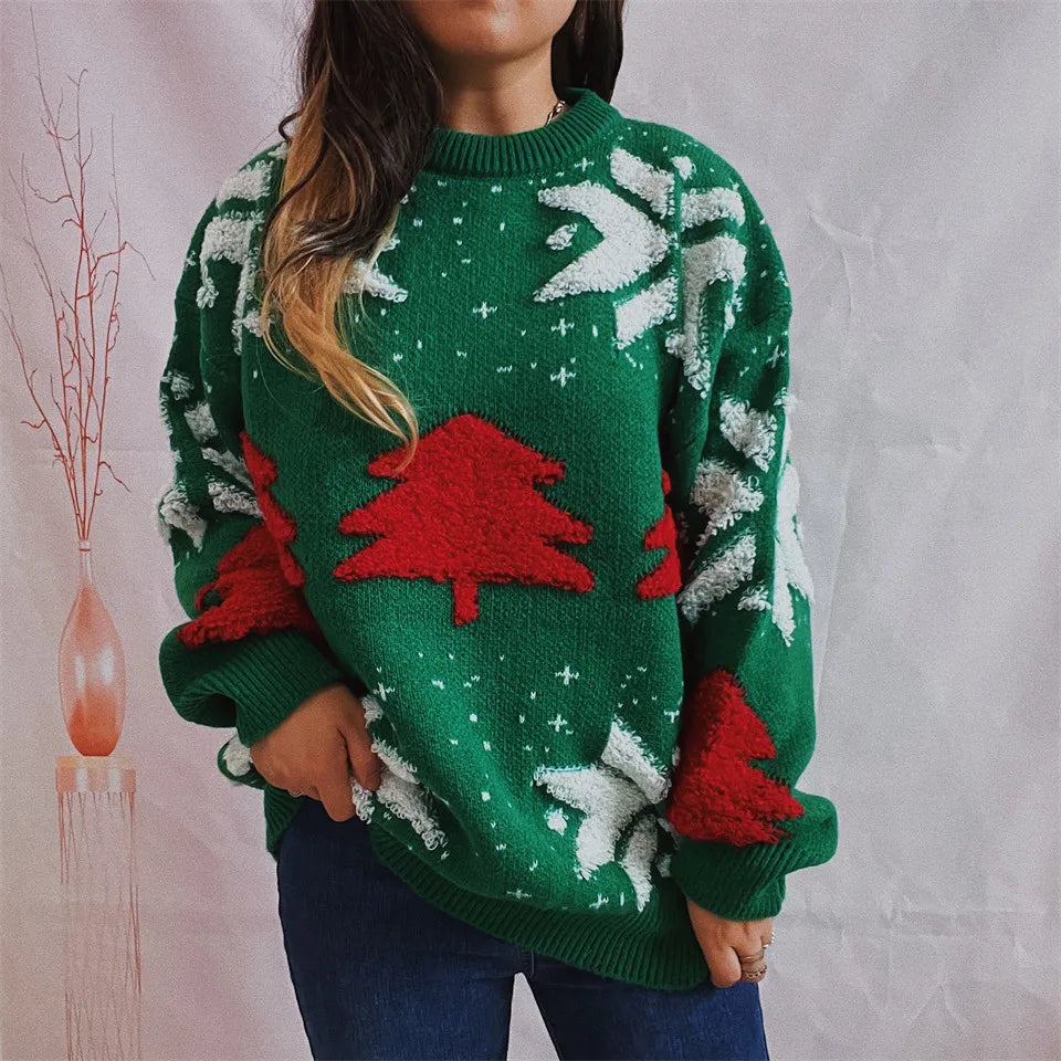 Green Fashion Tree Embroidery Knitted Pullover Casual Loose Retro Christmas Sweater / S Sweaters-L