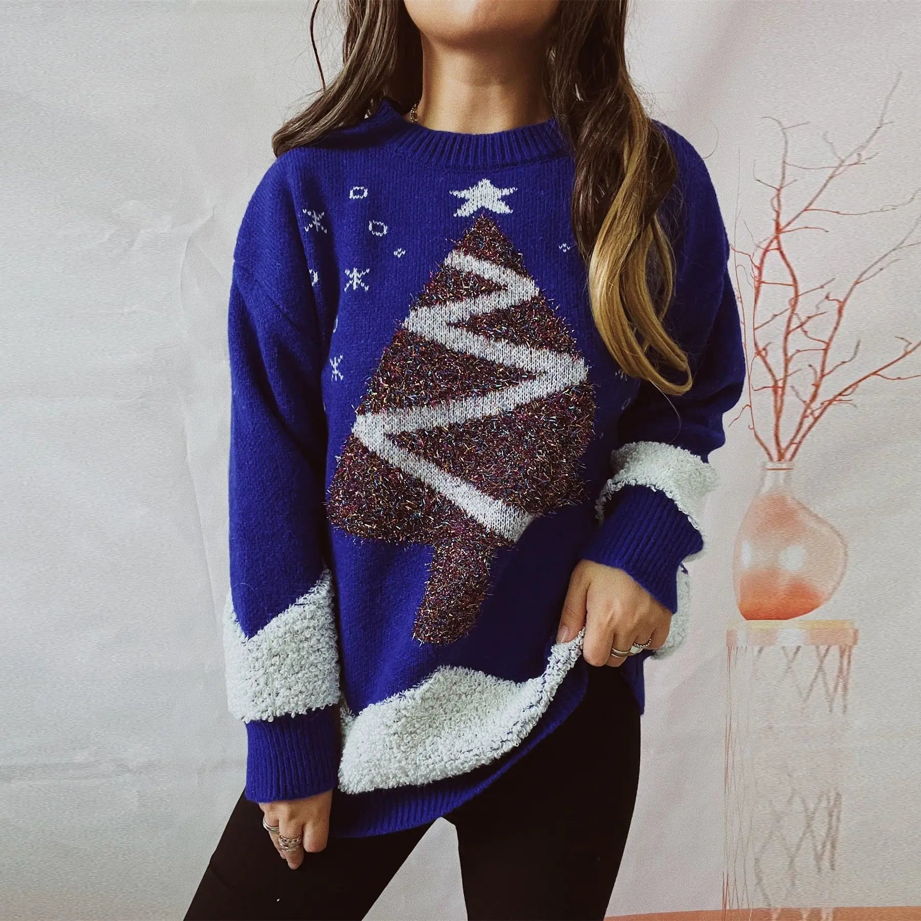 Gold Thread Flocked Round Neck Long Sleeved Loose Knit Pullover Christmas Sweater Blue / S
