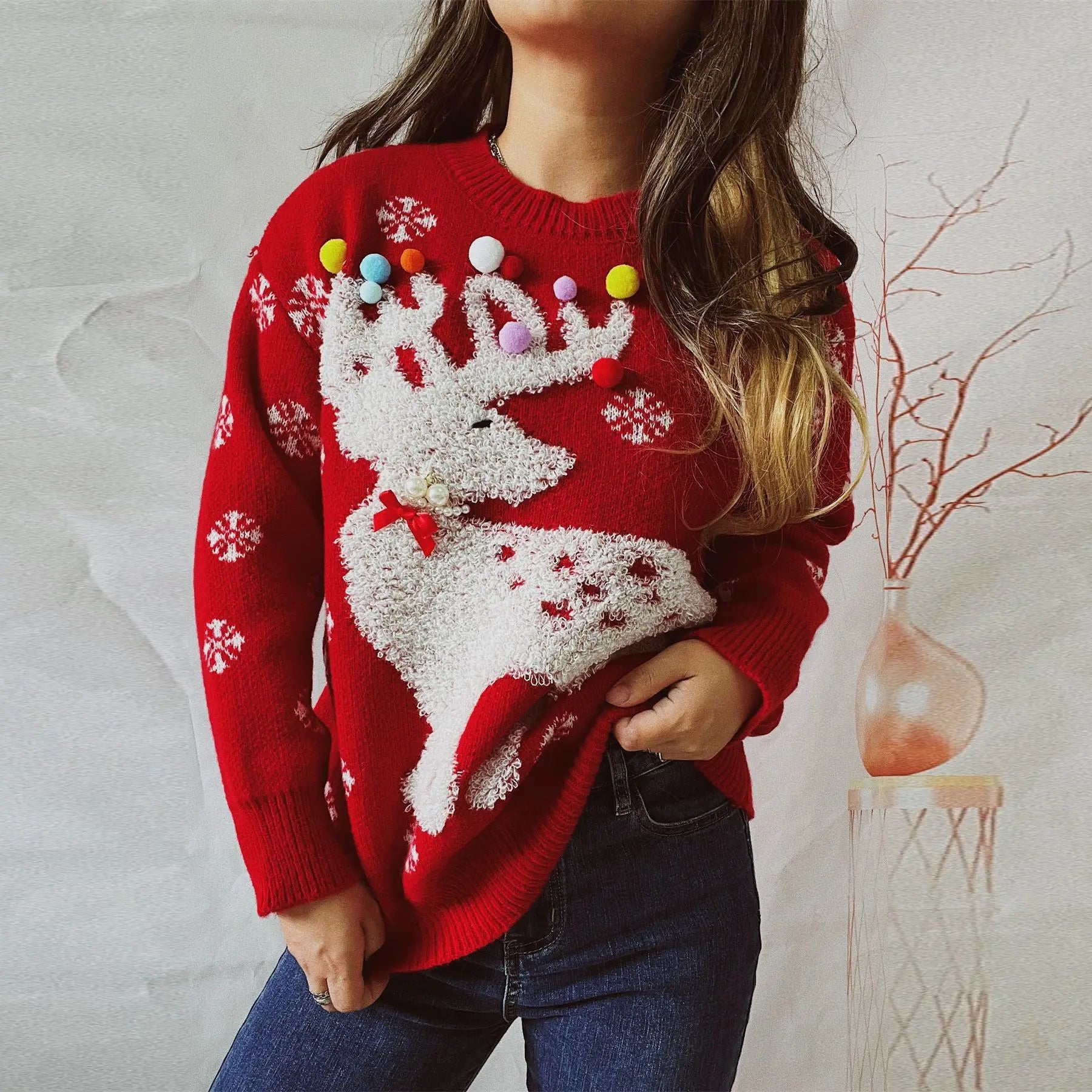 Handmade Pearl Ball Decoration Jacquard Christmas Red Sweater Sweaters-L